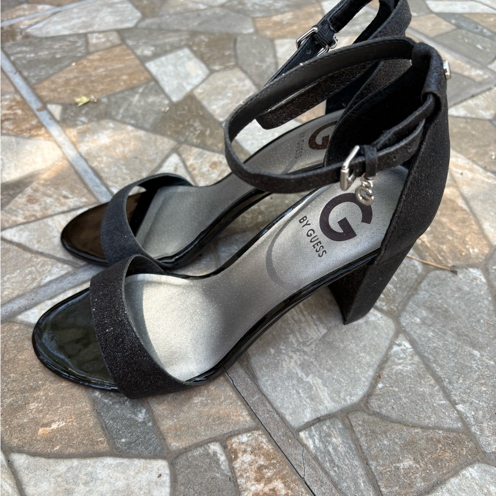 G By GUESS Black Sparkly Women's Ankle Strap Heels